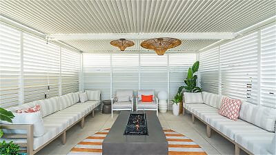 Covered seating outdoors at Pelago